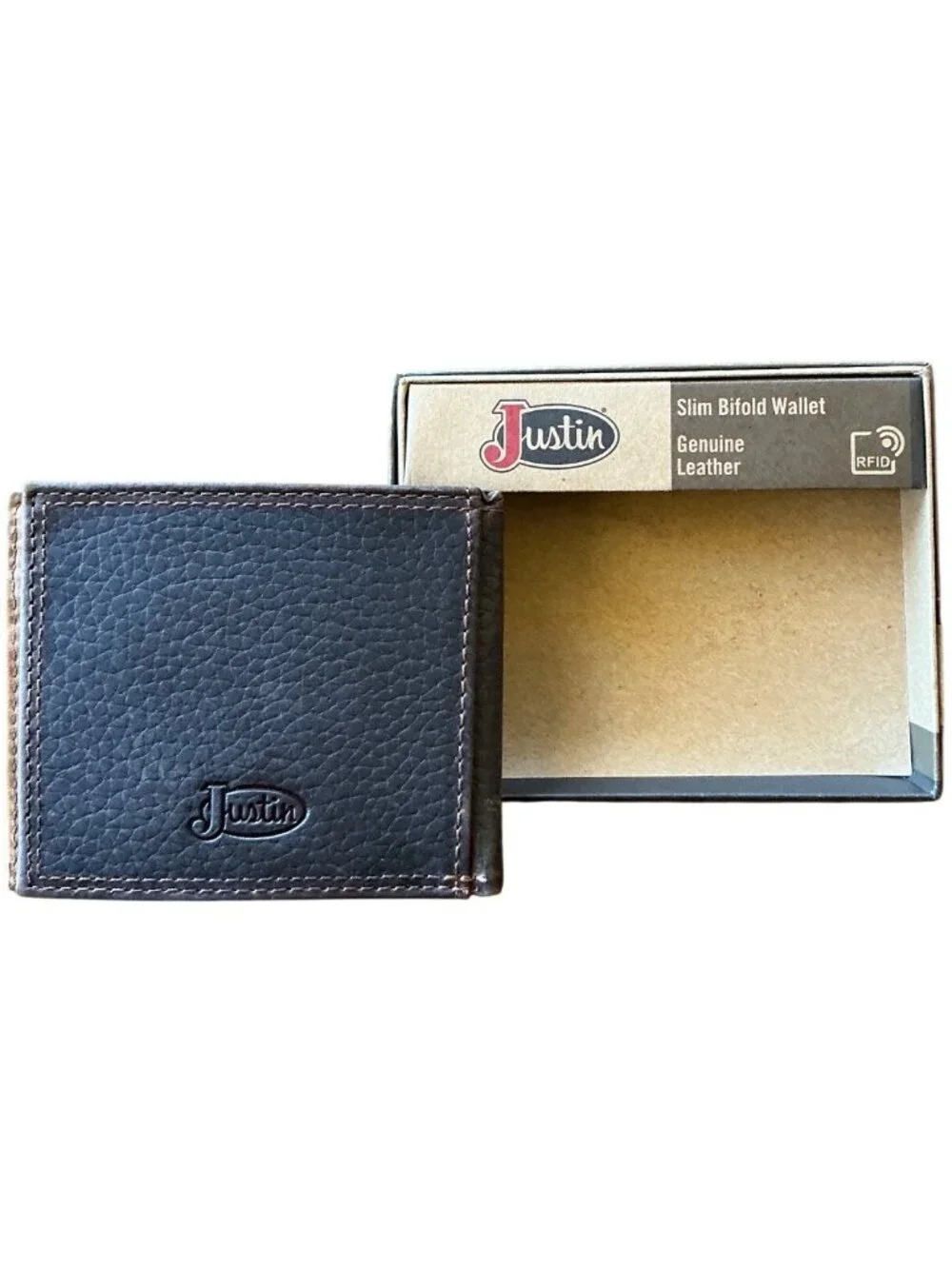 Justin RFID Slim Bifold Wallet Brown Genuine Leather Logo New Box